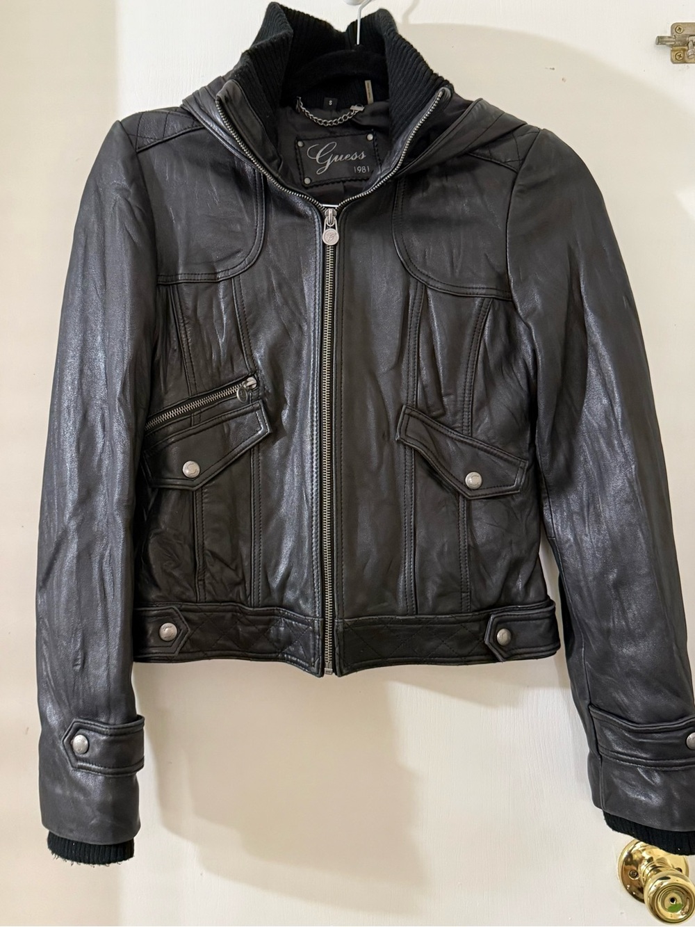 Guess Black Leather Zip Jacket with Snap Pockets